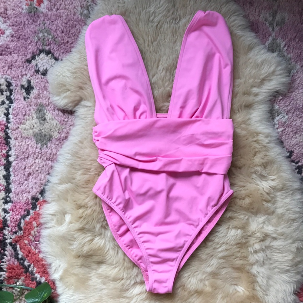 ASOS Gathered Waist Band Plunge V Neck Swimsuit - Picture 6 of 7